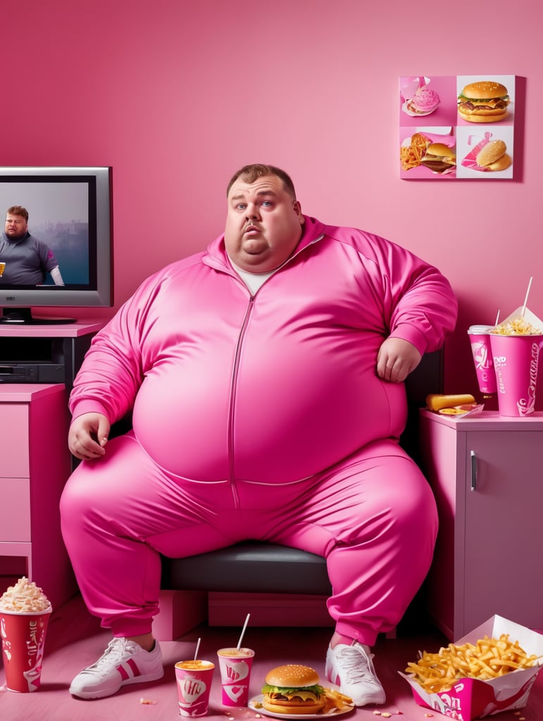 A very fat man in a tracksuit eats fast food and watches TV, the room is a mess, the room is painted pink