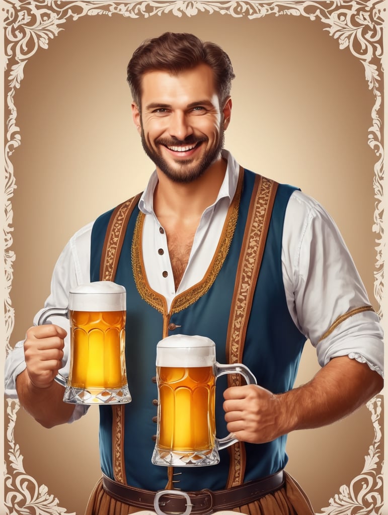 Bavarian man holding a mug of a beer, happy, traditional german costume, Oktoberfest, poster