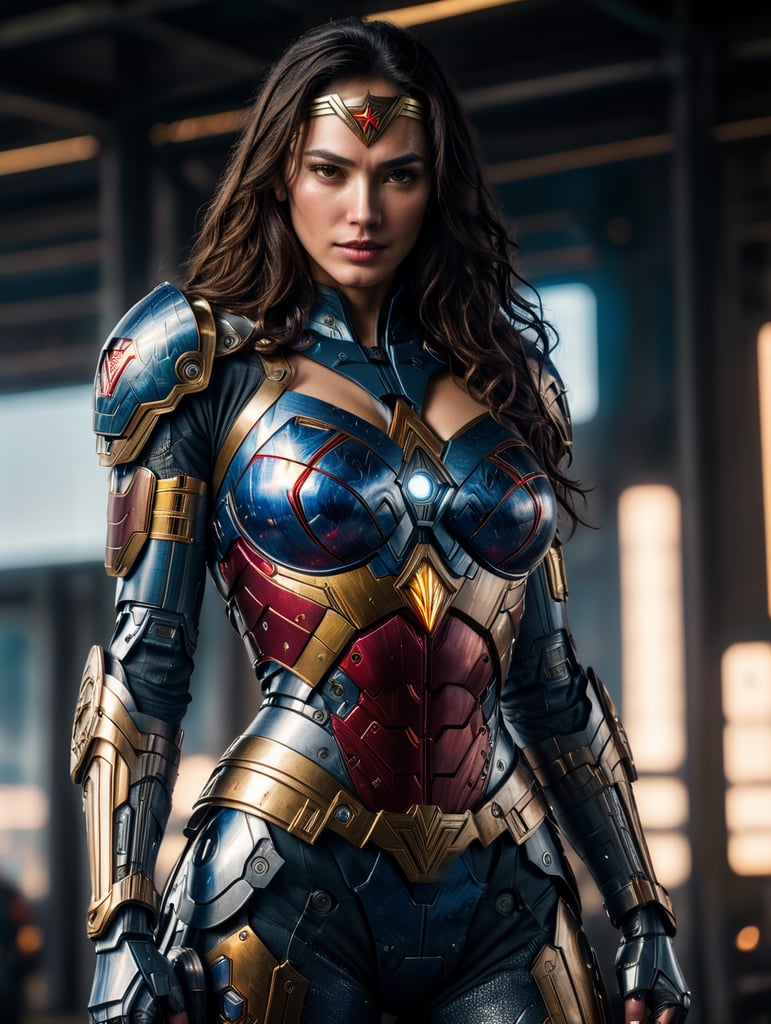 Wonder Woman in cybernetic armor, cyberpunk world, armor like iron man, full body shot