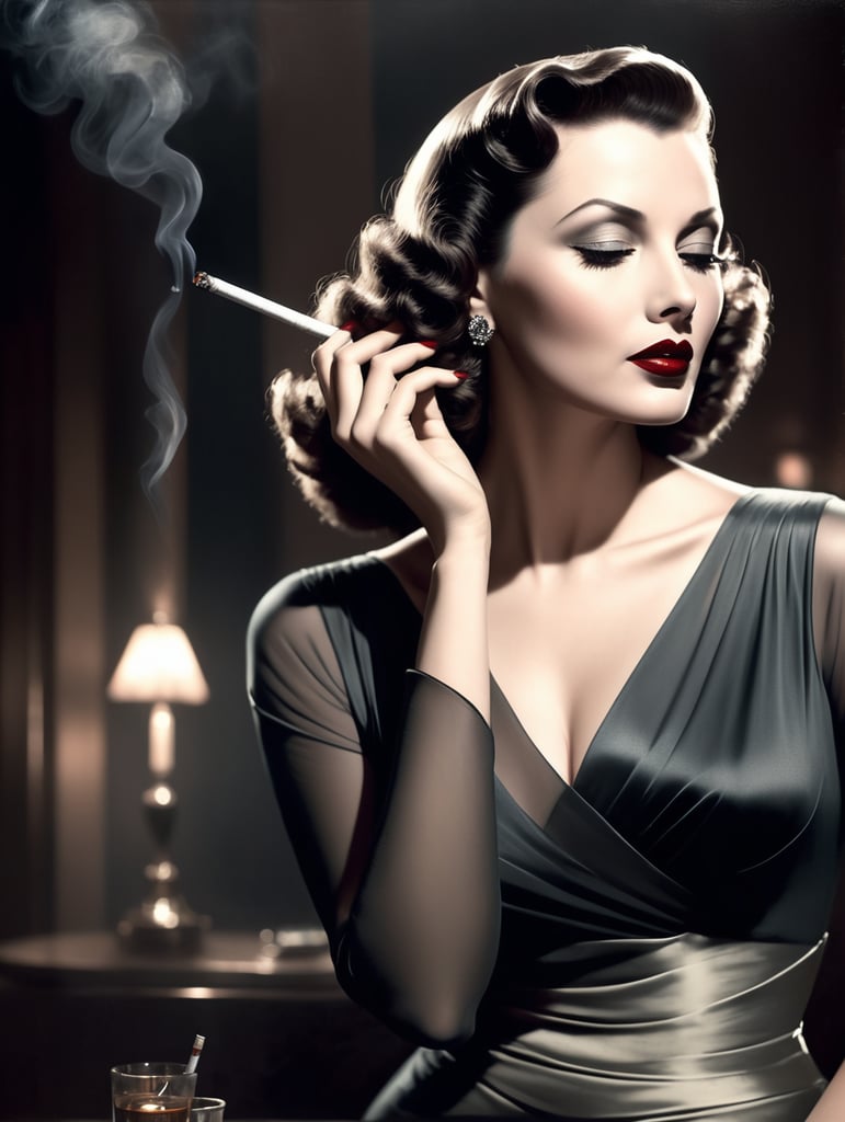 pulp comic style, 1940's actress smoking cigarette, film nior