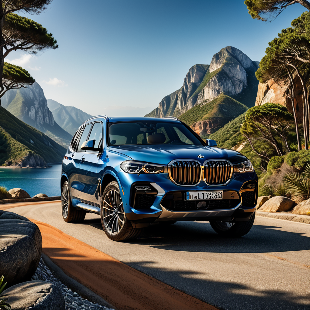 A beautiful BMW SUV standing on the mountain road, blue sea in the background of car, highly detailed car, highly detailed matt finish colour, highly detailed Alloy Wheels, Orange road, ultra realistic, photorealistic, 32k.