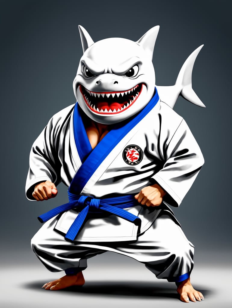 humanoid shark in judo kimono stay in action pose and angry face