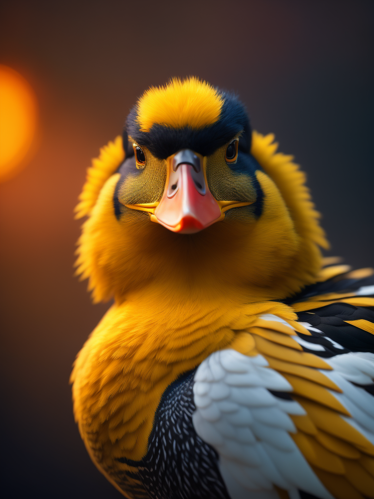 Portrait of fluffy duck, bright and saturated colors, elegant, highly detailed, vogue, fashion magazine, sharp focus, bright expressive makeup, dramatic lighting, depth of field, incredibly high detailed, blurred background