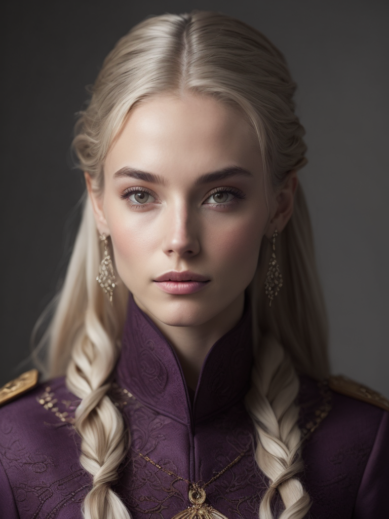 Portrait of a young queen with long wine color braided hair, royal guard purple outfit, elegant, highly detailed, digital painting, artstation, concept art, smooth, illustration, oval face, art by helena nikulina