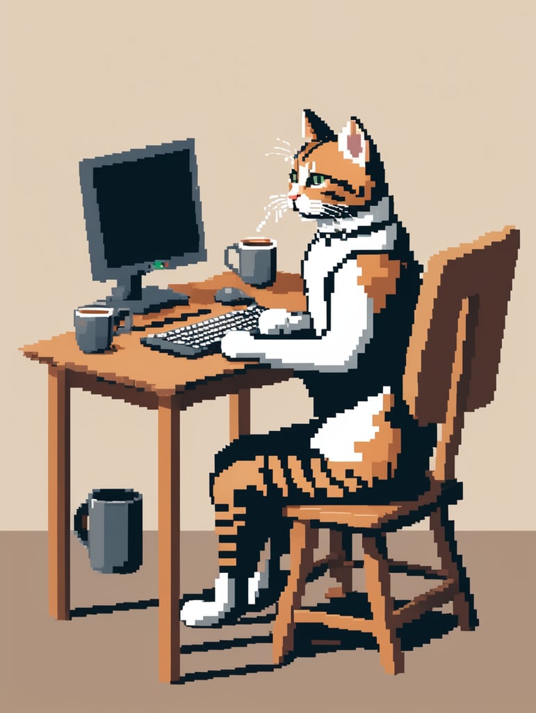 8bit pixel illustration of cat sitting on a chair applying for jobs on a computer with coffee on table ( plain colors)