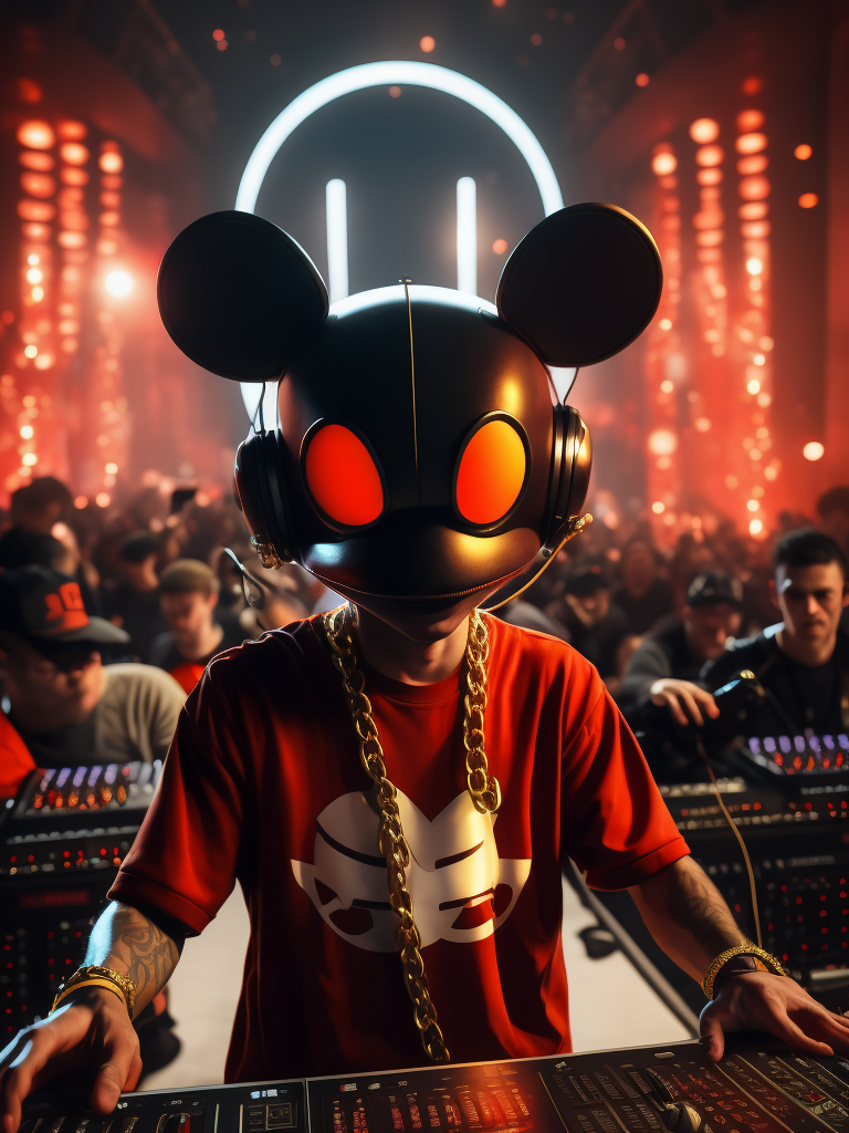 Deadmau5 dj playing in the night club, Red oversize t-shirt and gold chain, hall full of people having fun in the background, ultra realism, super detailed, neon colors