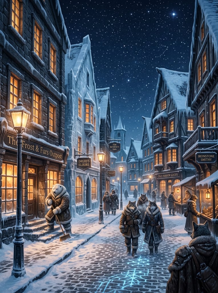 A city district encased in perpetual cold — viewed from street level on a crisp clear evening. The buildings are solid, heavy-walled, built from dark granite and pale ice-fused stone, with thick double-windowed facades glowing warm amber from interior lighting. Snow dusts the ground and clings to the sharp architectural edges. Frost patterns form on the lamp-posts lining the wide street. Wolf Beastfolk in heavy fur-lined coats move in small groups through the cold air, breath a large Polar Bear Beastfolk shopkeeper sweeps snow from the steps of their establishment. Ice-crystal heating systems are visible as faint luminous patterns embedded in the road surface — keeping the walkways passable. Above, the stars are startlingly clear in the cold sky. The atmosphere is quiet, contained, fiercely local. Realistic fantasy city art, cool blue-white palette with amber warmth from windows, highly detailed.