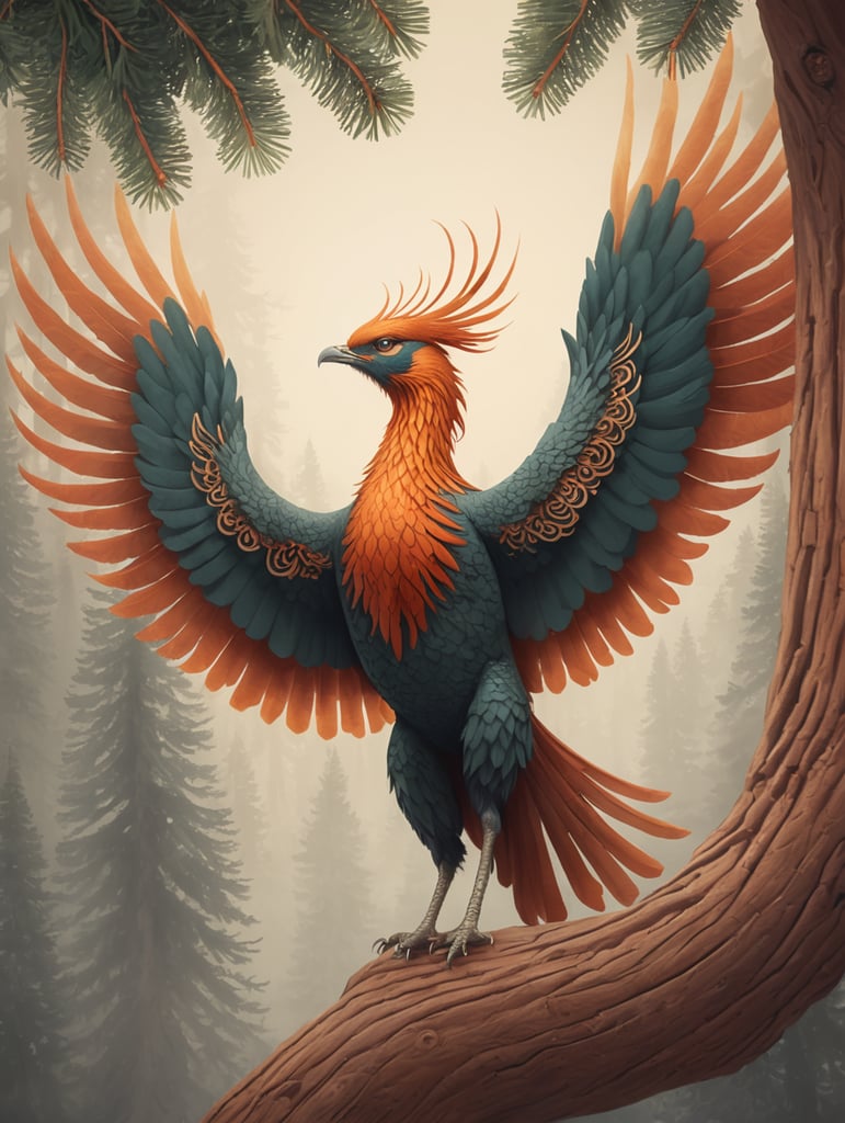 phoenix bird with wings around a cedar tree