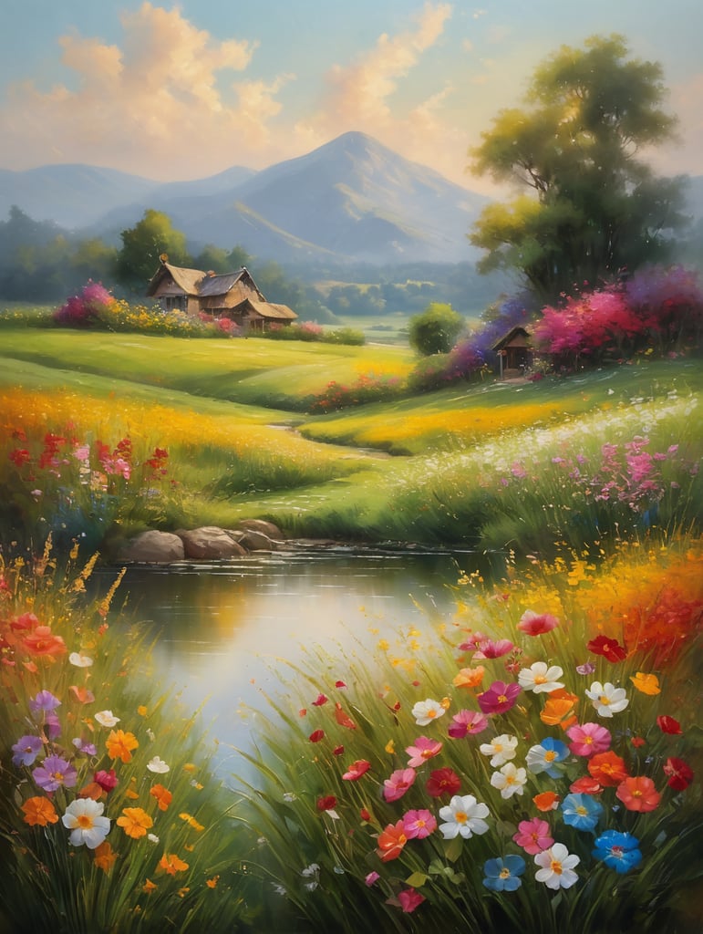 In a serene and picturesque countryside field, a vibrant combination of lush grass and a myriad of colorful flowers emerges, creating a mesmerizing sight that evokes a sense of tranquility and natural beauty. This breathtaking scene, reminiscent of a vintage oil painting, comes to life through the artistry of digital creation. Every brushstroke captures the delicate details of each blade of grass and petal of the flowers, exhibiting the mastery and precision of the artist. The image exudes a timeless charm and impeccable quality, inviting the viewer to immerse themselves in the idyllic charm of nature's splendor, oil painting strokes, oil painting noise