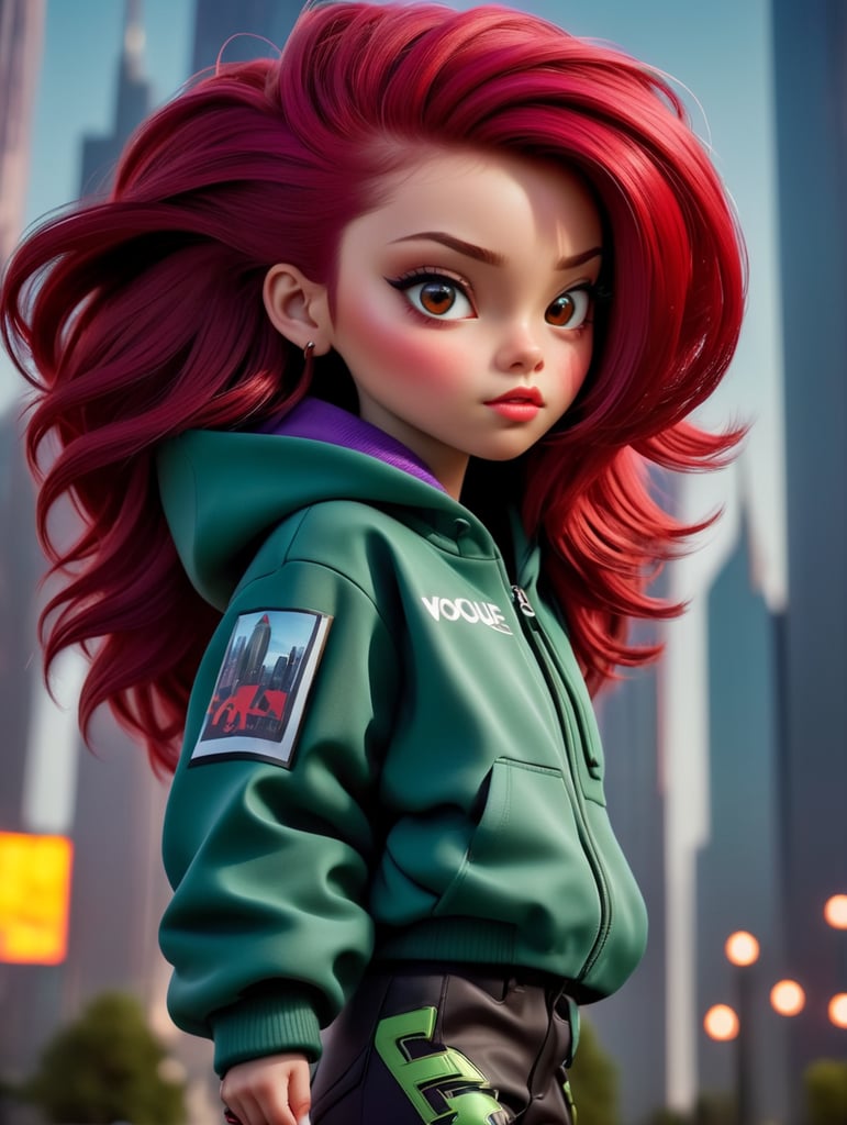 A young beautiful girl in futurestic HOODY jacket and pants and red hair against the backdrop of a skyscraper in red-burgundy tones, blurred background, focus on the girl, detailed cloth, Dramatic Lighting, Depth of field, Incredibly high detailed shoes make from dark slime, venom, sci-fi , deep atmosphere, dark, saturation, vibrance, sharp bright and saturated colors, elegant, highly detailed, vogue, fashion magazine,