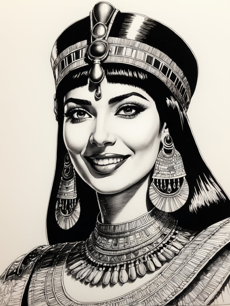 Happy Cleopatra, Ink pen sketch, low light, low detail,