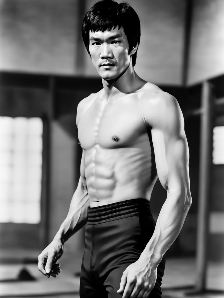 Bruce Lee standing looking at camera