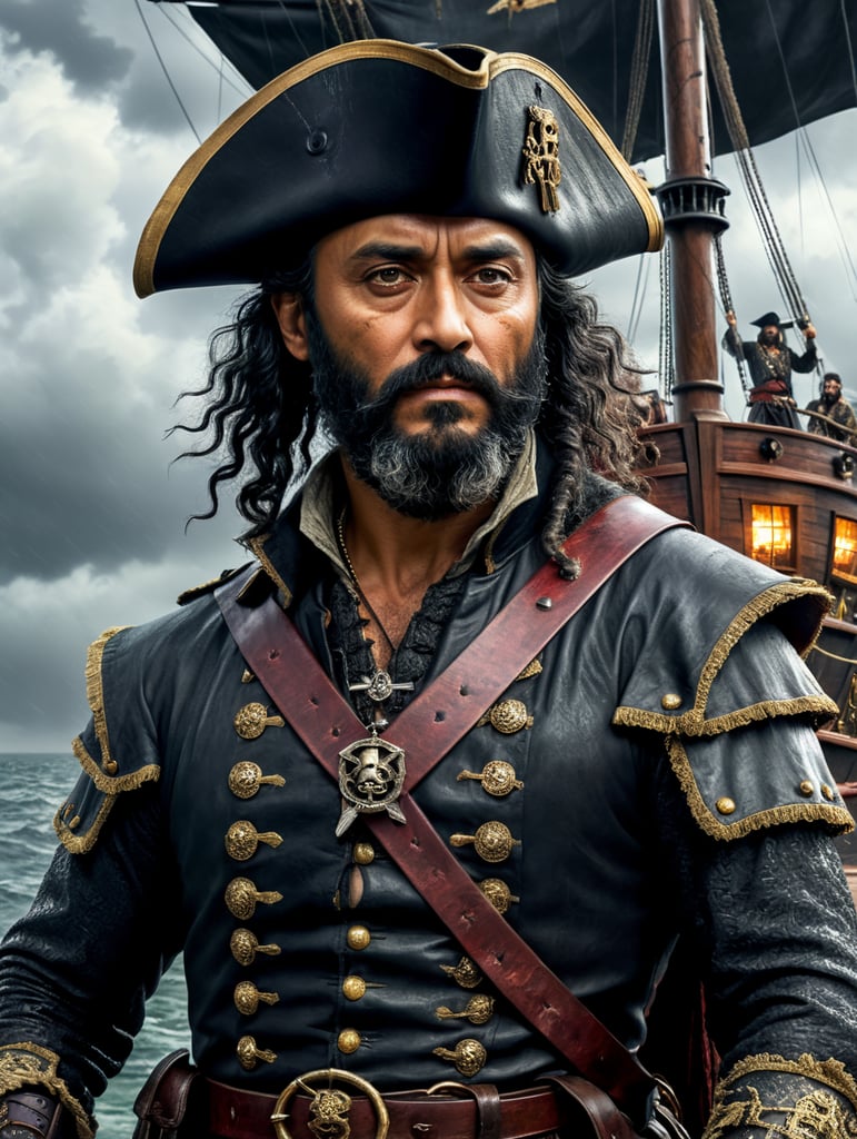 Taika Waititi as Blackbeard from TV series Our Flag Means Death in the rain on the pirate ship, cinematic, dark colours, wearing leather clothes