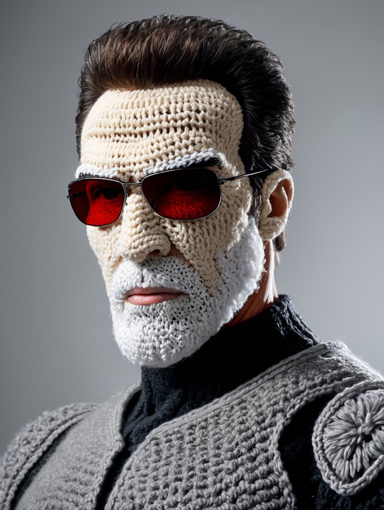 a terminator t-800 wearing very hirsute crocheted sweaters for sheeple, portrait