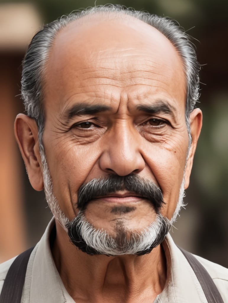 A old Mexican man with nice facial hair but is balding on the top of his head