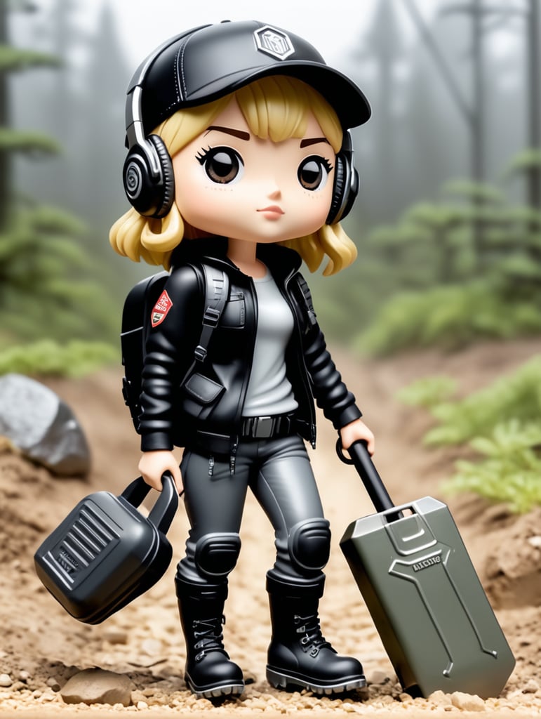 Female funko pop character with short length straight blonde hair wearing black cap and headphones black clothes with grey wellies and holding a metal detector in one hand and a shovel in the other hand with a back pack on and a tool belt around the waste