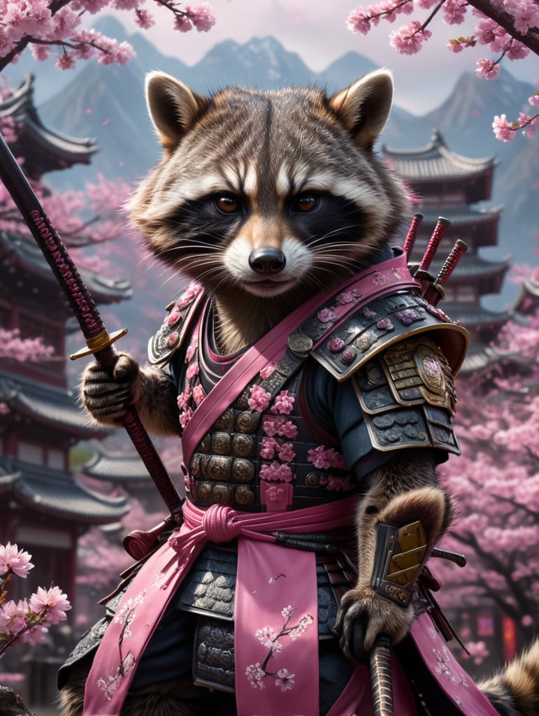 raccoon samurai, pink sakura background, tiny