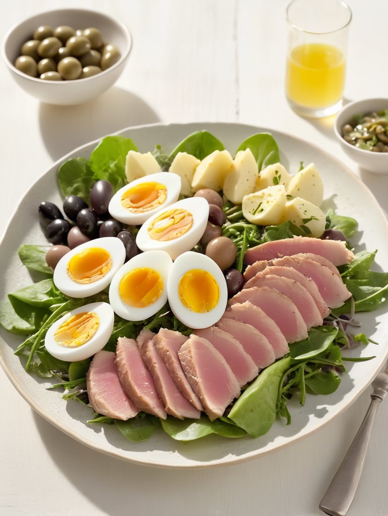 Nicoise Salad, small plate on a wooden table, Description: A French salad that features seared tuna, boiled potatoes, green beans, olives, hard-boiled eggs, and anchovies, all arranged on a bed of lettuce and dressed with vinaigrette.