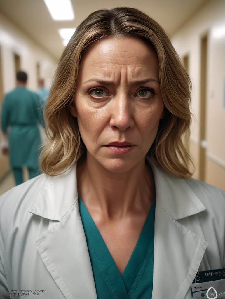 a 40-year-old female doctor, very tired, with an aged face, in a dirty white coat, unmotivated, working night shifts in a crowded hospital corridor, with many patients and nurses along the corridor. Wide view, vignet effect, light focus on face