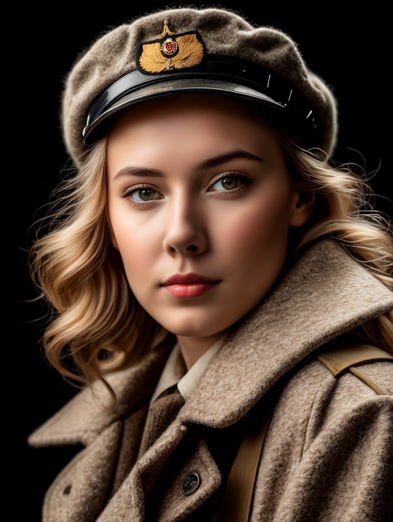 world war 2 era girl in an all-wool mackinaw, isolated, on a black background.