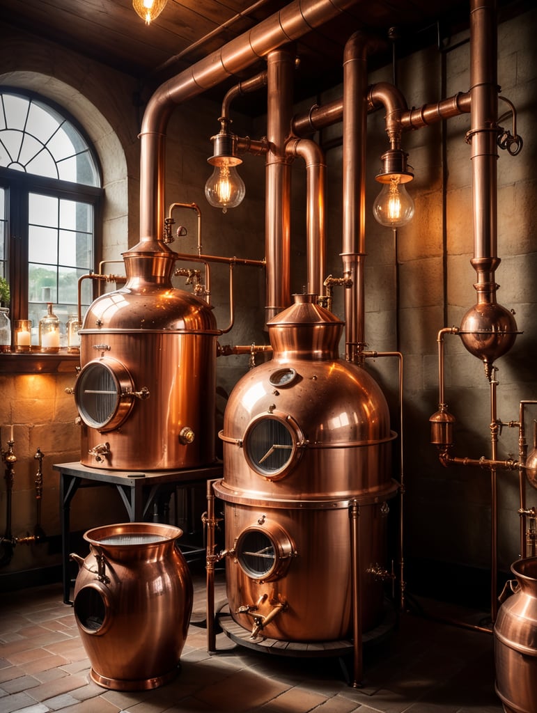 Close-up of a Copper distillation unit alembic, candles on the walls, Dim antique room for whiskey production, herbs and hops, old master sitting on a chair