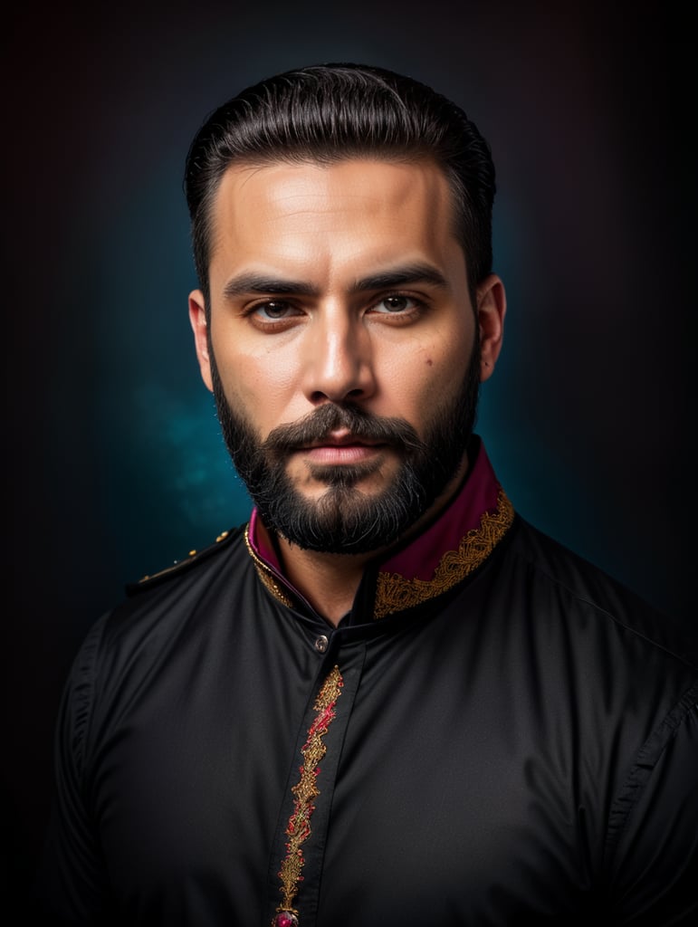 black beard, colorful background, gothic make up, hyperrealistic photo, no changes in reference image