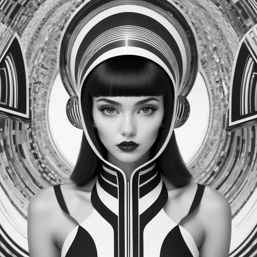 Cute girl model, retro futurist of high fashion, made in symmetrical black and white psychedelic style, black and white beauty, optical illusion, glitch art, flirty, shot on Canon