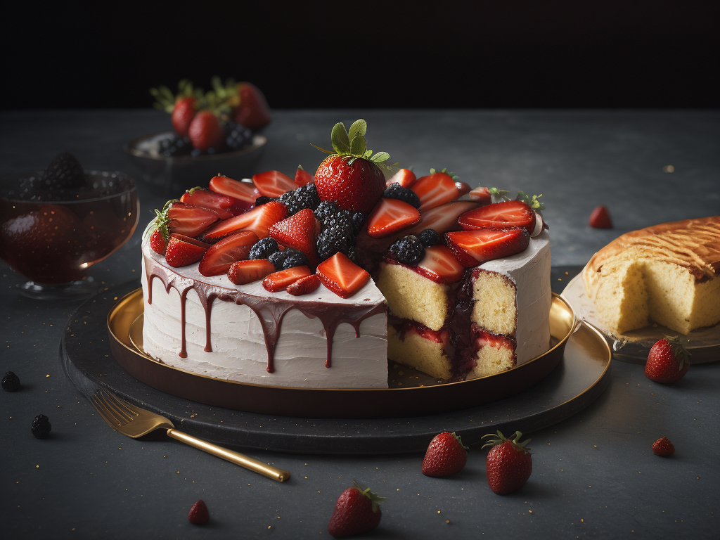 a strawberry and blackberry cake, deep atmosphere, sharp on details