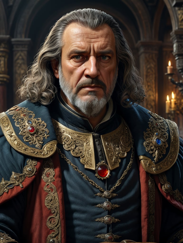 middleages, bailiff, 50 years old, one person, geyish hair, fine clothing