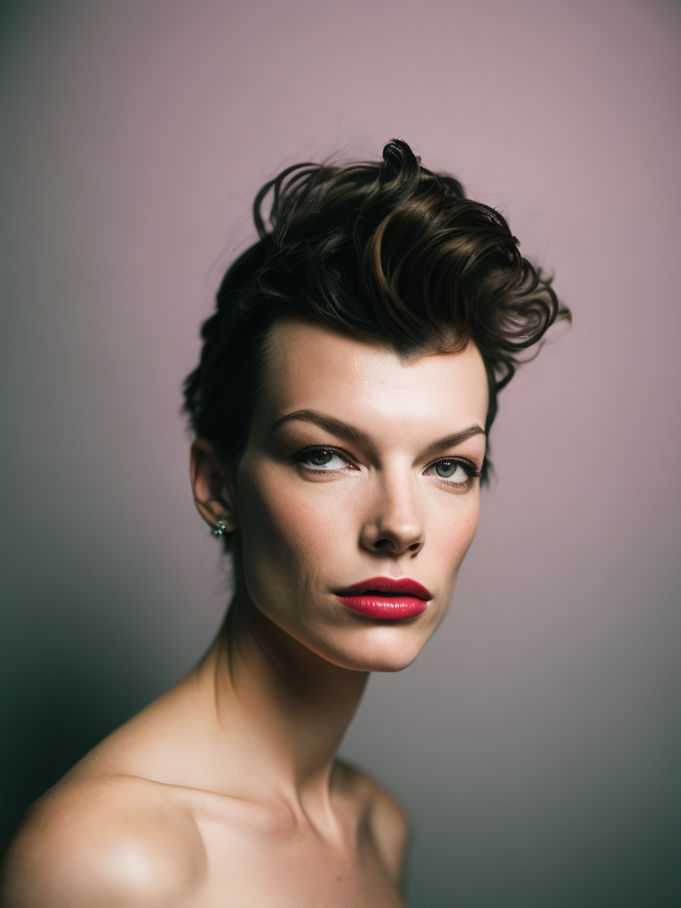 Portrait of Milla Jovovich, Vivid saturated colors, Contrast color, studio photo, professional photo, Rich colors, Detailed image, detailed face, style of Miles Aldridge