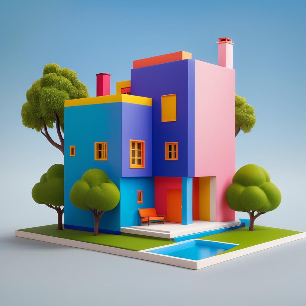 Vinil toy para Niño de 5 años xd una casa inspirada en la arquitectura de Luis Barragán y las pinturas de Escher con colores vibrantes colocado como si fuera una obra de arte contemporáneo. Encapsulado en resina.