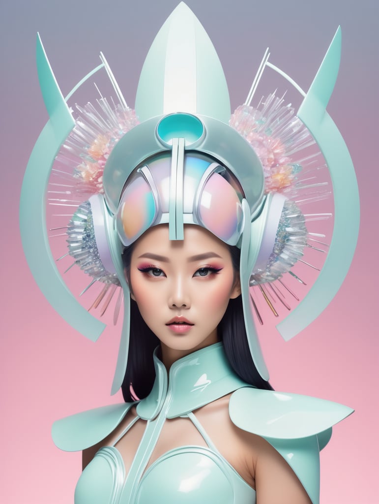 A beautiful Japanese female pop artist wearing a pastel sleek futuristic outfit with a huge headpiece centerpiece. She has clean makeup and is captured in vivid colors, embodying the essence of fantasy and a minimalist, fantastical, edgy, and regal themed outfit, with depth of field.