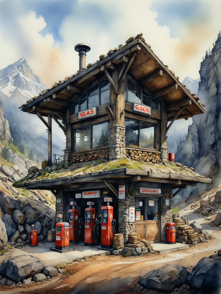 Watercolour sketch of a small mountain log gas station, rock, Stone modern, muted colours, by Jean-baptiste Monge