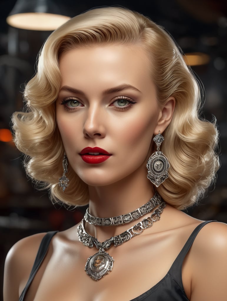 A 1950's style blond woman wearing automotive themed sterling silver necklace and earrings
