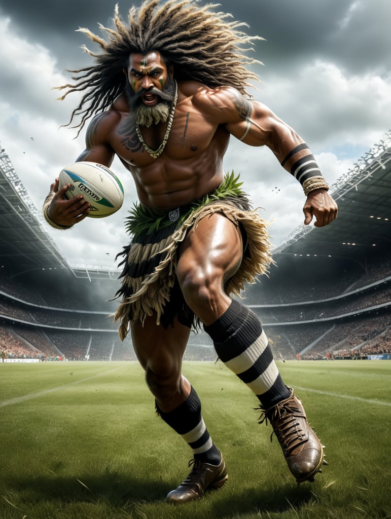 A Fijian warrior with long hair dressed in grass skirts wearing rugby boots with long white and black stripe socks,running with a rugby ball in his hand, scoring a try🏉