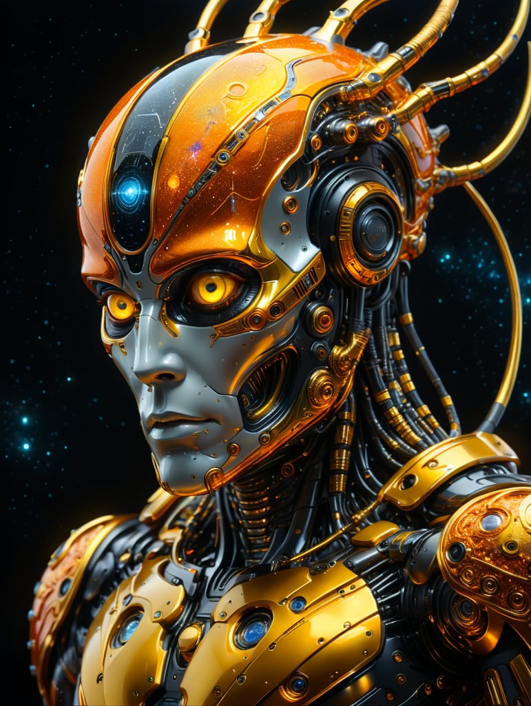 A cyborgtech celestial humanoid being made of pure stardust and pulsing energy floating in astral cosmos. Intense yellow orange black gold colors. Digital art, hyper detailed, masterpiece, high quality, depth of field, ultra HD