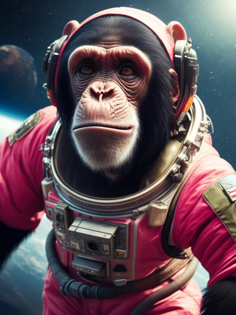 A chimpanzee going to space, wearing pink color astronaut suit, Vivid saturated colors, Contrast light, studio photo, professional photo, Detailed image, detailed face