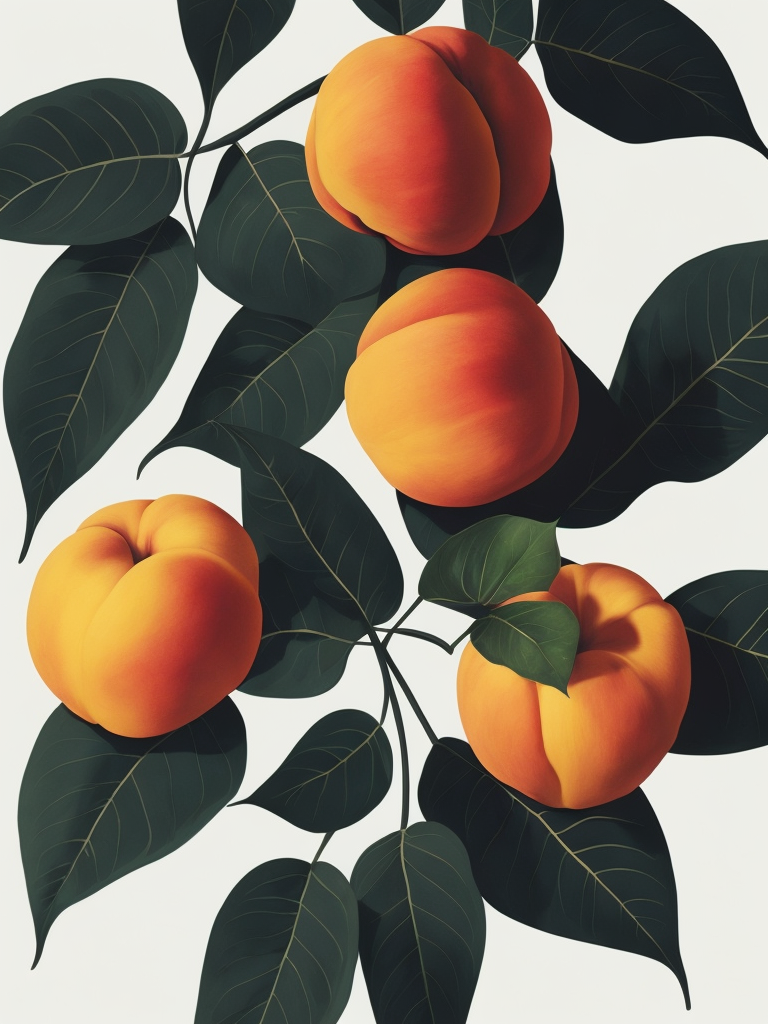 Peaches With Leaves, Flat, Tamara Lempicka, White Background, Art Deco, Photoillustration