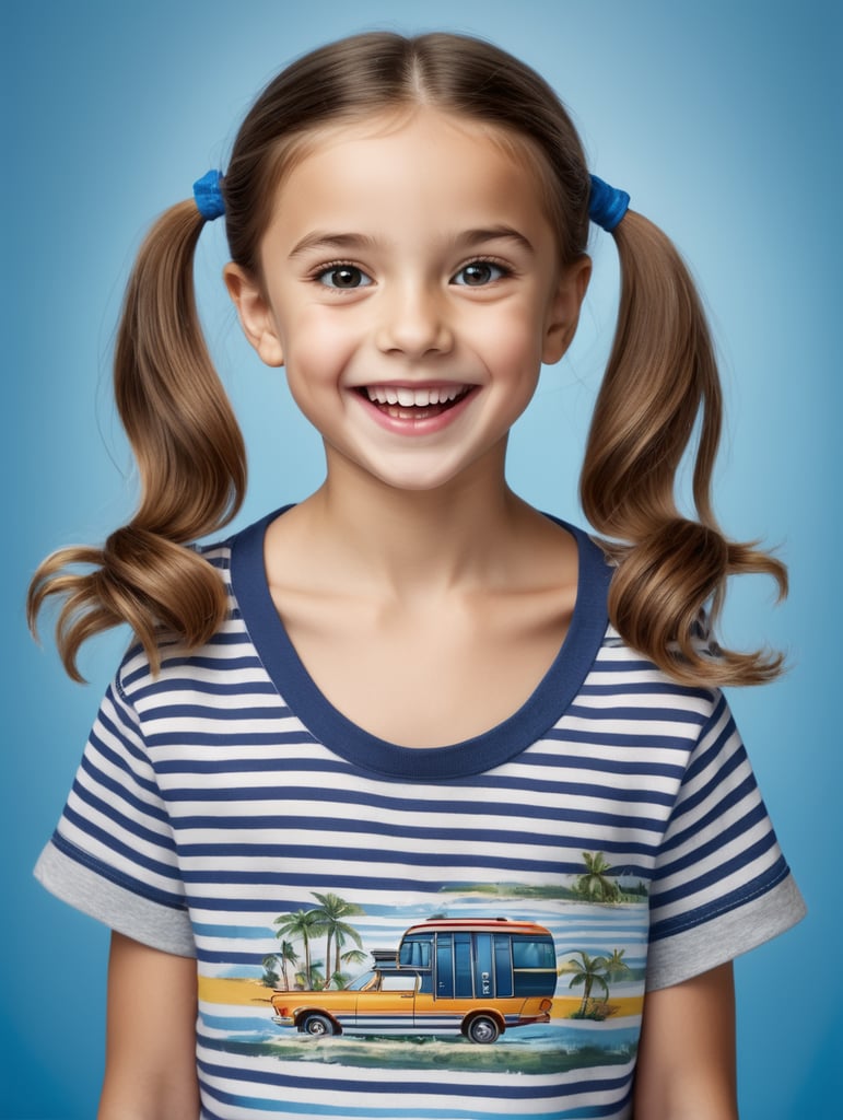 photo happy little girl going to travel, cute girl, Striped T-shirt, blue background, harpers bizarre, cover, headshot, hyper realistic