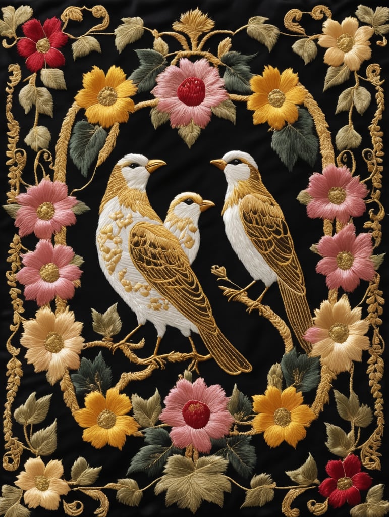 image of an embroidery in metallic gold thread, representing grapes and birds, Sevillian Baroque style, typical of Holy Week in Seville, on a luxurious black cloth, with discreet shadows and volumes, surrounded by a frame of natural wild flowers, embroidered in silk thread, bright and cheerful colours, very detailed, sharp focus, spectacular lighting, depth of field, photographic quality, high resolution, graphic design style, cultured, elegant, fashionable,