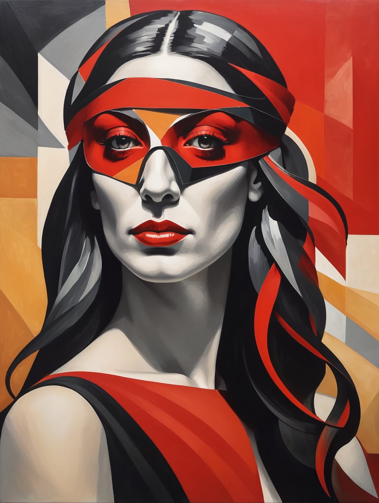 Woman Portrait Cubism Pablo Picasso Style,with blindfold and long hair, red and black hair