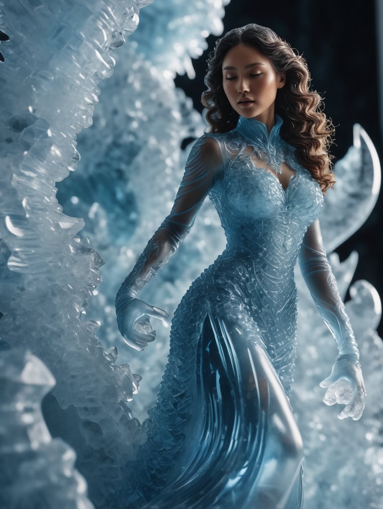 Highly detailed shot of an blueish ice sculpture in the shape of a curly women, full-body shot, dramatic shattering ice background, full motion effects, diagonal view, ice crystal particles everywhere, back light, ultra sharp focus, high speed shot, subtle color, Bioluminescence, high quality