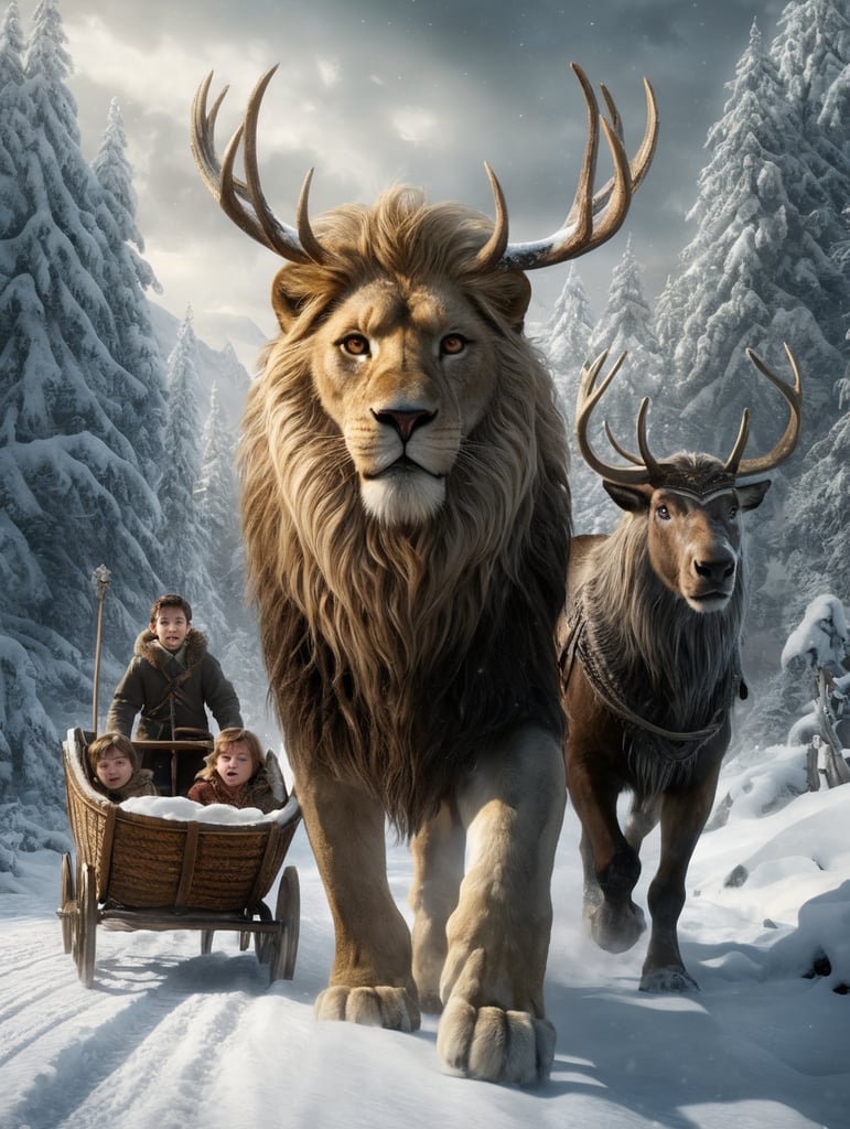 Aslan, from the Lion, the witch and the wardrobe being visited by three children in the snow in Narnia, with the white witch in a sled being pulled by reindeer in the background