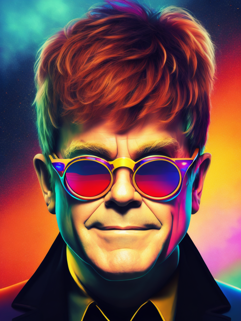 Portrait of Elton John with star-shaped glasses, Against a bright gradient, Vivid saturated colors, Contrast color