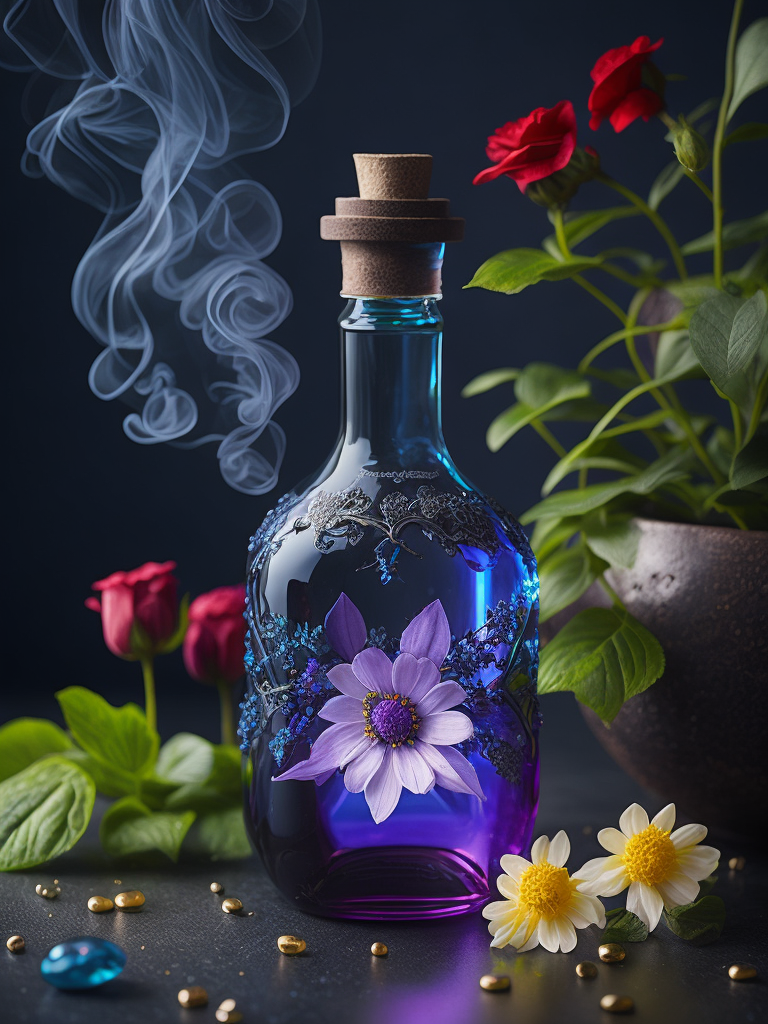 Magic elixir bottle with illuminated liquid, carved glass, decorated with flowers and gems, fairy atmosphere, illumination, dark blue color, smoke
