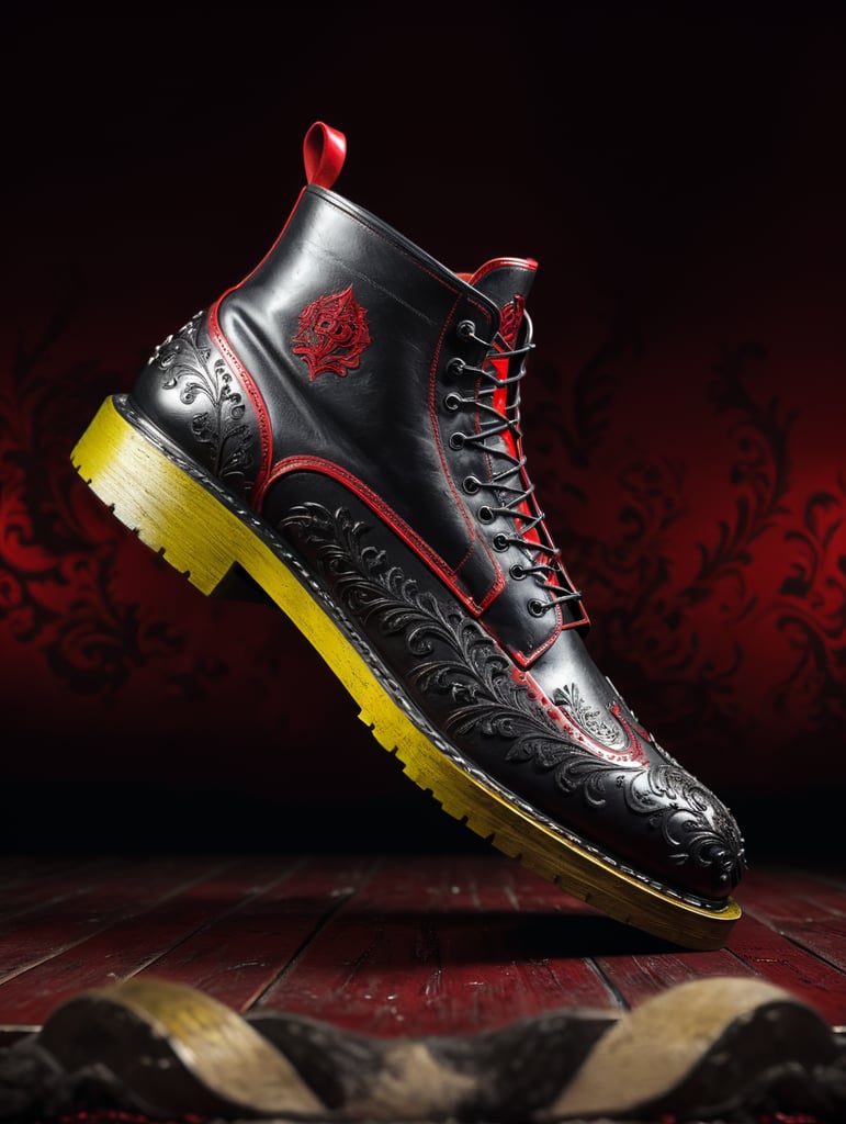 Completely black boots and a red background