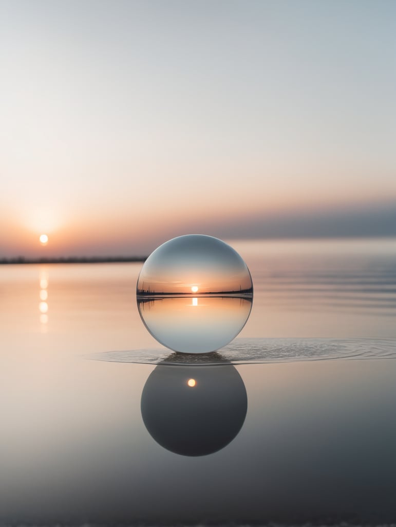 minimal, simple white sphere hover above the water, just the horizon on the background
