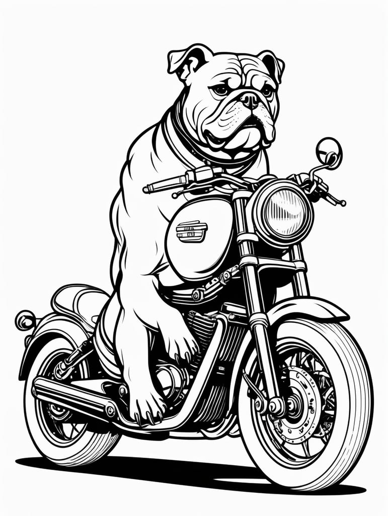 a bulldog riding a motorbike, in the style of simple line art vector comic art on white background