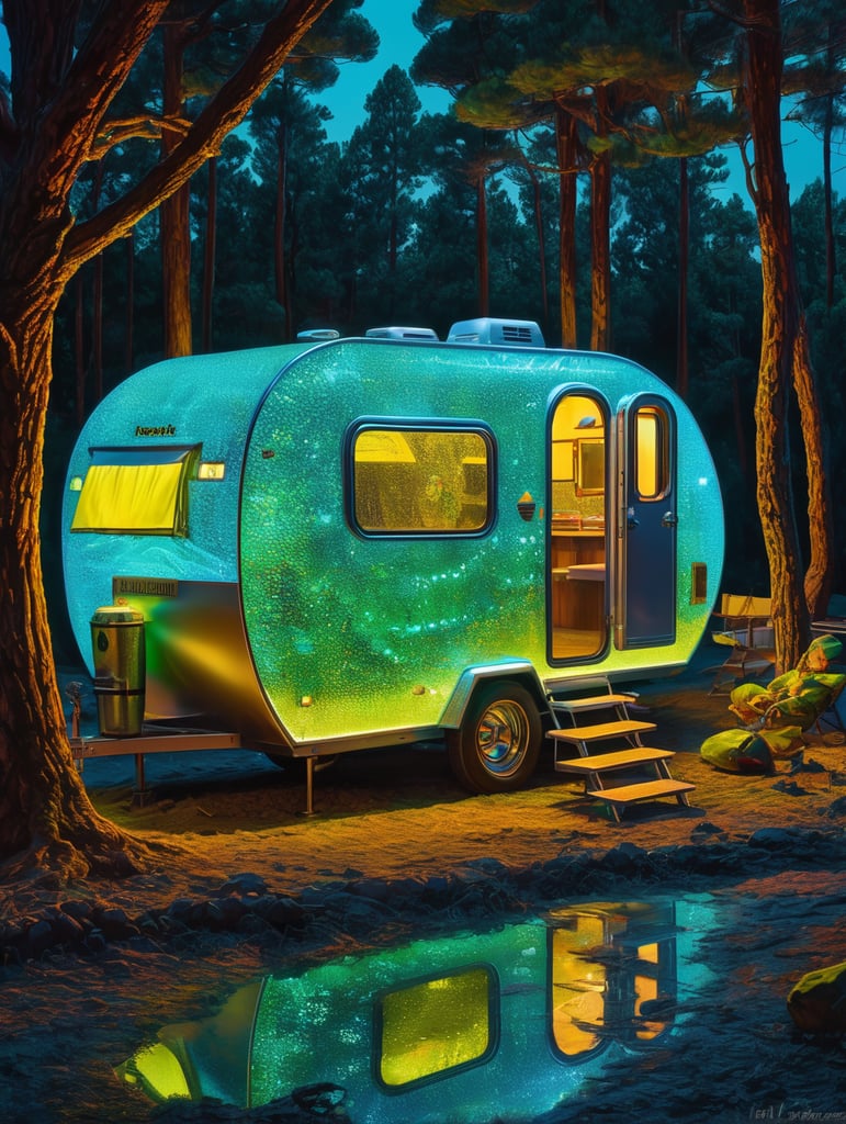 Fine Art Fluorescent Pointillism Sci-fi Surrealism Photography, Futuristic camping trailer, Portrait made of hyper-detailed transparent frosted plastic, Moebius Bernard Buffet, van Gogh, Vermeer, Erin Hanson, Pierre Soulages, National Geographic, textured depth, vibrant fluorescent hyperrealism photo