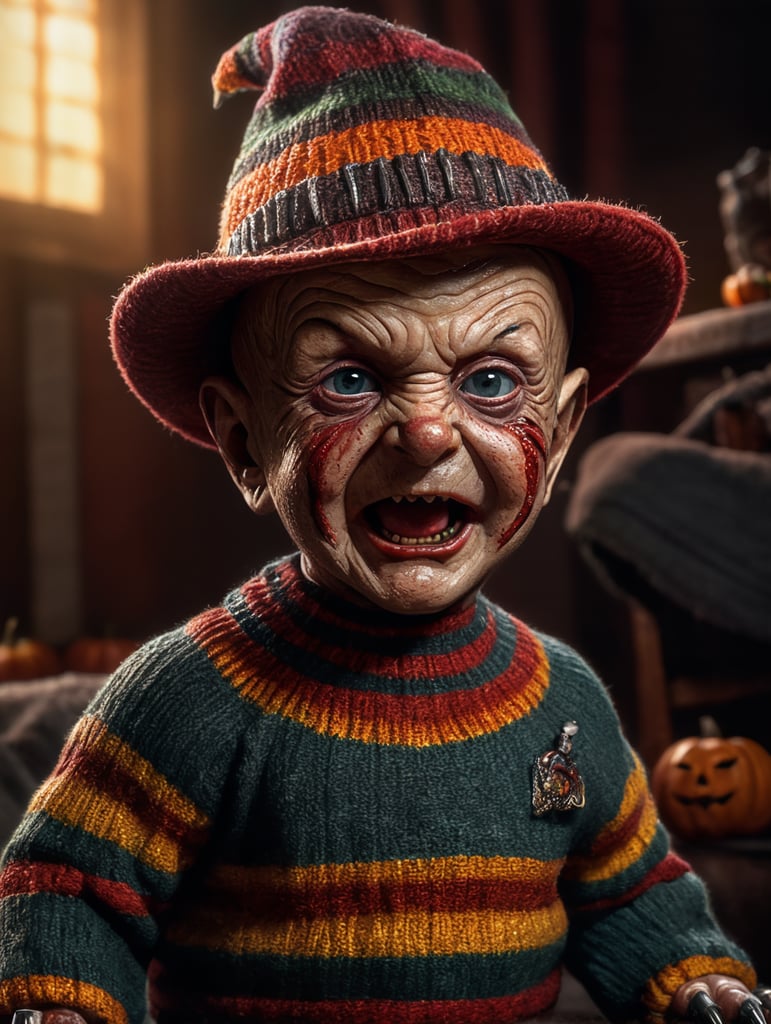 Freddy Krueger as a little cute baby, metal claws, sweater with stripes, hat, Halloween, Vivid saturated colors, Contrast color